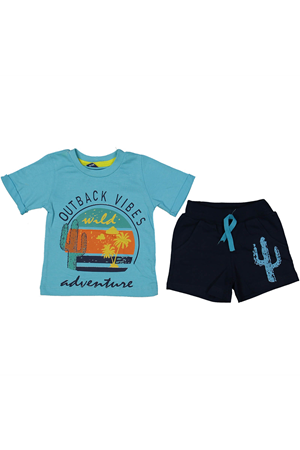 Erkek Bebek Mavi Lacivert Kaktüs Baskılı Şortlu Takım