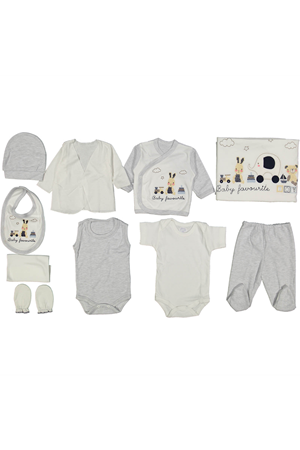 Erkek Bebek Beyaz Lacivert Tavşanlı Ayıcıklı Kanaviçe Desenli 10 Parça Hastane Çıkış Seti