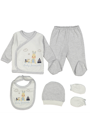Erkek Bebek Beyaz Gri Tavşanlı Ayıcıklı Kanaviçe Desenli 5 Parça Hastane Çıkış Seti