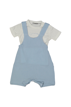 Erkek Bebek Ekru Bebe Mavisi Müslin Salopetli Takım