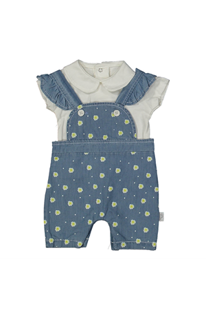 Kız Bebek Ekru Mavi Çiçekli Salopet Takım