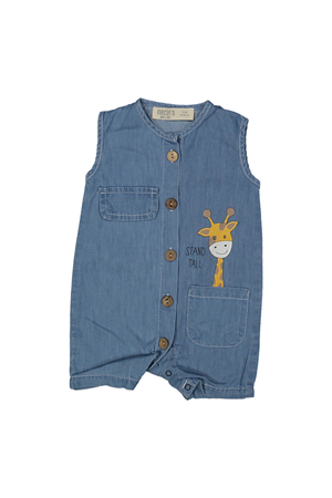 Mavi Zürafalı Baskılı Düğmeli Bebek Tulum