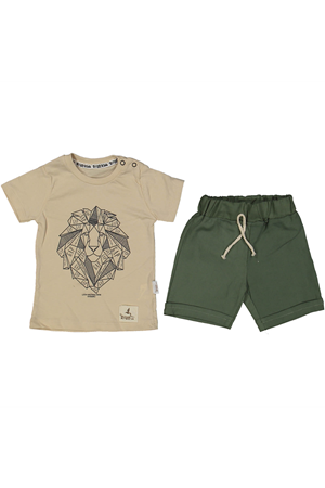 Erkek Bebek Bej Yeşil Aslan Baskılı Şortlu 2'li Takım
