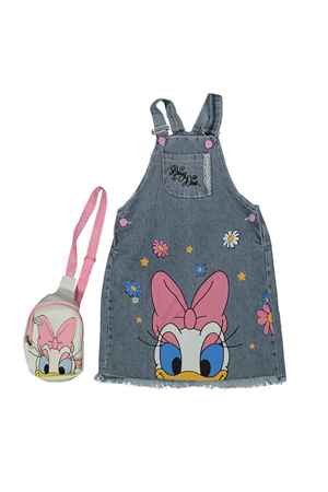 Kız Çocuk Çizgi Karakter Ördek Baskılı Çantalı Kot Salopet Jile