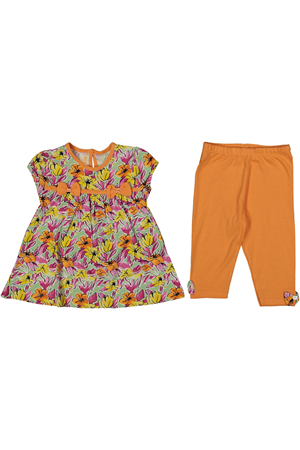 Kız Bebek Turuncu Çicek Desenli Taytlı 2'li Takım