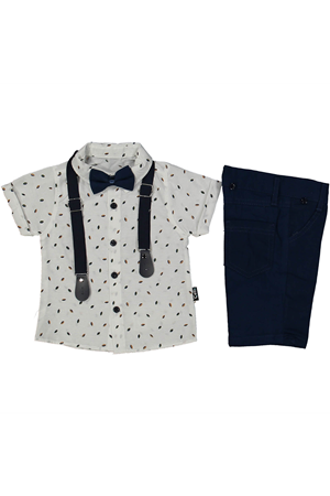Erkek Çocuk Beyaz Lacivert Pantolonlu Yaprak Desenli Gömlekli Papyonlu Askılı Kısa Kol 3'lü Takım