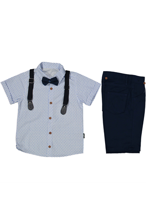 Erkek Çocuk Beyaz Mavi Lacivert Desenli Gömlekli Papyonlu Askılı Kısa Kol 3'lü Takım