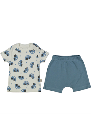 Erkek Bebek Ekru Mavi Araba Desenli Şortlu 2'li Takım