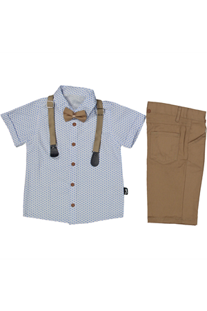 Erkek Çocuk Beyaz Kahve İnce Yaprak Desenli Gömlekli Papyonlu Askılı Kısa Kol 3'lü Takım