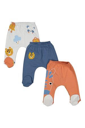 Erkek Bebek Turuncu Mavi Hayvanlı Desenli 3'lü Tek Alt Set