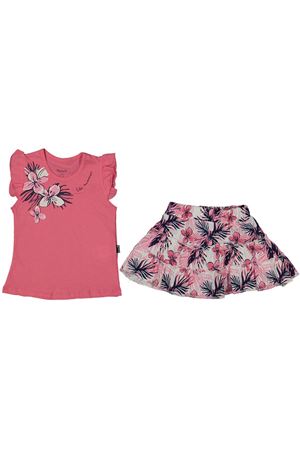 Kız Çocuk Fuşya Çiçek Baskılı Etekli Takım
