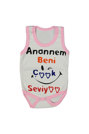Kız Bebek Beyaz Pembe Biyeli Anaannem Beni Seviyor Yazılı Askılı Zıbın