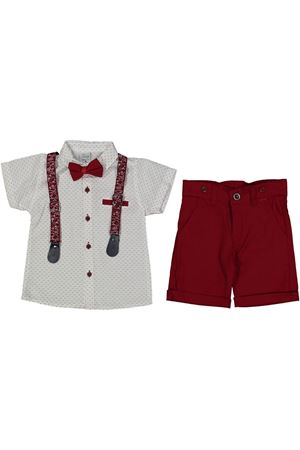 Erkek Çocuk Beyaz Desenli Gömlekli Kırmızı Şortlu Papyonlu Askılı Takım