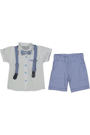 Erkek Çocuk Beyaz Desenli Gömlekli Mavi Şortlu Papyonlu Askılı Takım