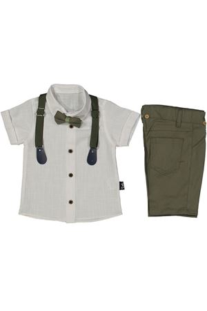 Erkek Çocuk Beyaz Keten Gömlekli Haki Şortlu Papyonlu Takım