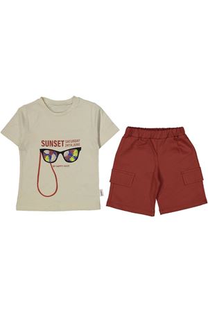 Erkek Çocuk Ekru Kiremit Sunset Gözlük Baskılı Şortlu 2'Li Takım