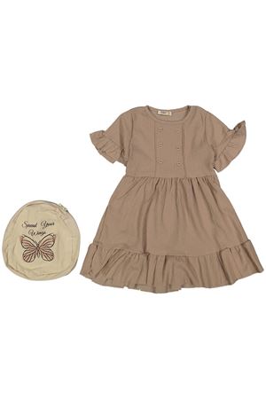 Kız Çocuk Bej Düğmeli Fırfırlı Kelebek Baskılı Çantalı Elbise