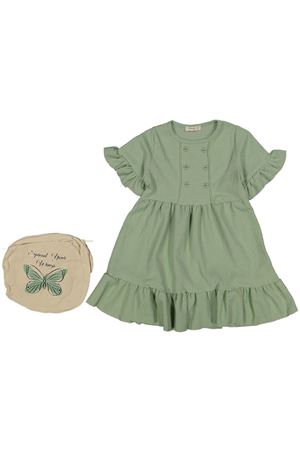 Kız Çocuk Yeşil Düğmeli Fırfırlı Kelebek Baskılı Çantalı Elbise