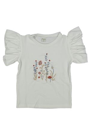Kız Çocuk Beyaz Pullu Çicek Nakışlı Kısa Kollu Tişört