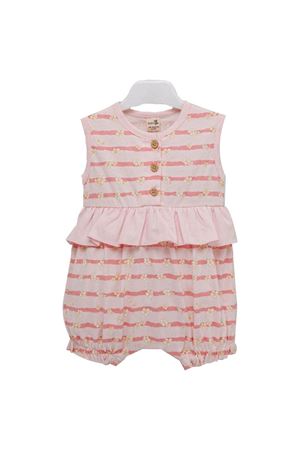 Kız Bebek Pudra Çiçekli Çizgili Fırfırlı Tulum