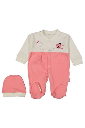 Kız Bebek Pembe Ekru Uğur Böceği Nakışlı Bereli Eldivenli Tulum