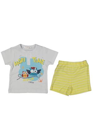 Erkek Bebek Beyaz Sarı Baykuş Baskılı Çizgili Şortlu Takım