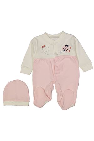 Kız Bebek Pudra Ekru Uğur Böceği Nakışlı Bereli Eldivenli Tulum