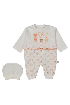 Kız Bebek Ekru Somon Kalp Nakışlı Bereli Tulum