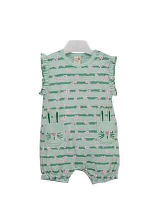 Kız Bebek Yeşil Çiçekli Çizgili Cepli Tulum
