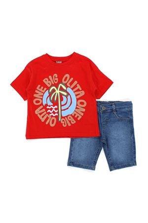 Erkek Çocuk Kırmızı Palmiye Baskılı Kot Şortlu 2'li Takım