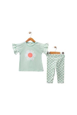 Kız Çocuk Yeşil Çiçek Baskılı Kolları Fırfırlı Ekose Desenli Taytlı 2'li Takım