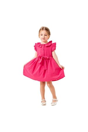 Kız Çocuk Fuşya Düğmeli Kemerli Elbise