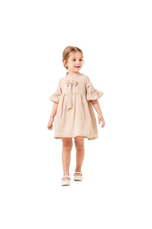 Kız Çocuk Bej Fiyonklu Kolu Fırfırlı Elbise