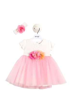 Kız Bebek Beyaz Pembe Tüllü Çiçekli Bandanalı Elbise