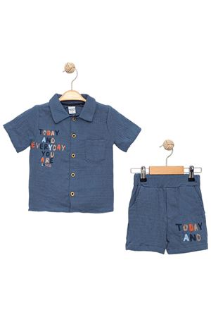 Erkek Çocuk Lacivert Today Baskılı Düğmeli Müslin Şortlu İkili Takım