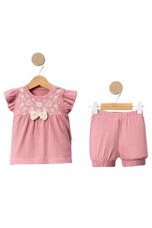 Kız Bebek Pembe Bej Fiyonklu Şortlu 2'li Takım