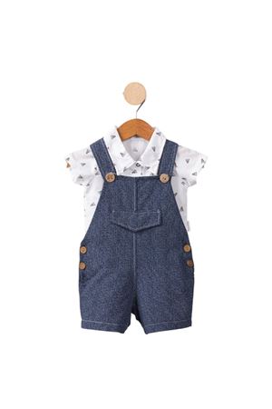 Erkek Bebek Beyaz Lacivert Salopetli Badminton Desenli Gömlekli Takım