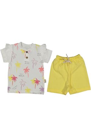 Kız Bebek Beyaz Sarı Renkli Palmiye Desenli Şortlu 2'li Takım
