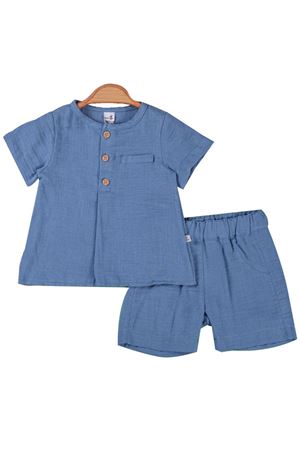 Erkek Bebek Mavi Düğmeli Müslin Şortlu Takım