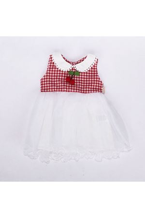 Kız Bebek Ekru Kırmızı pötikareli Kirazlı Yakalı Tüllü Elbise