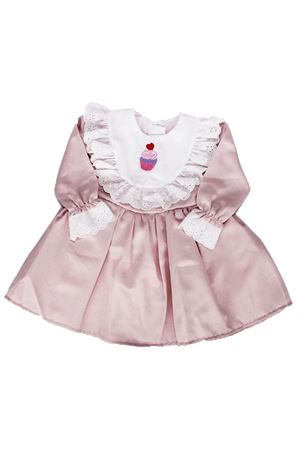 Kız Çocuk Pudra Ekru Fırfırlı Cupcake Nakışlı Uzun Kollu Elbise