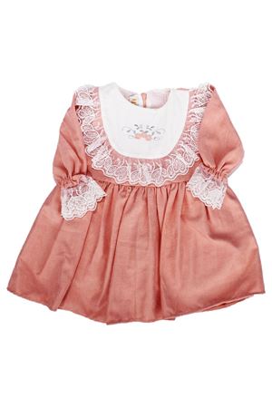 Kız Çocuk Somon Fırfırlı Gül Nakışlı V yaka Arkası Fiyonklu Uzun Kollu Elbise