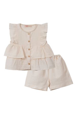 Kız Çocuk Ekru Katkat Fırfırlı Düğmeli Şortlu 2'li Takım