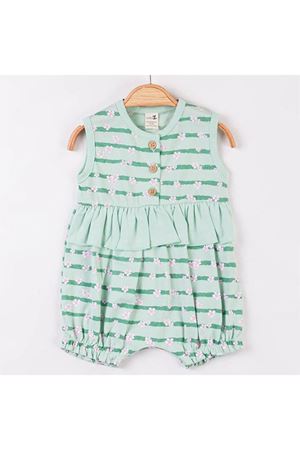 Kız Bebek Yeşil Çiçekli Çizgili Fırfırlı Tulum