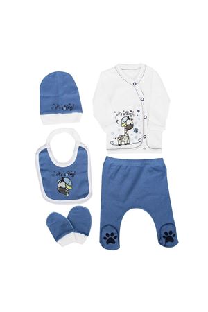 Erkek Bebek Ekru Mavi Zürafa Baskılı 5 Parça Hastane Çıkış Seti