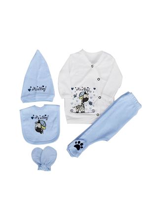 Erkek Bebek Ekru Açık Mavi Zürafa Baskılı 5 Parça Hastane Çıkış Seti