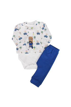 Erkek Bebek Beyaz Mavi Arabalı Ayıcık Baskılı Hırkalı 3'lü Takım