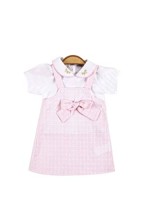 Kız Bebek Ekru Pembe Ekoseli Fiyonklu Jile Elbise Takım