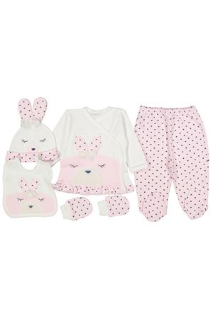Kız Bebek Ekru Pembe Tavşanlı Desenli 5 Parça Hastane Çıkış Seti