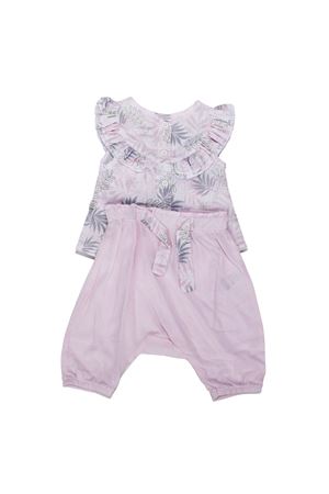 Kız Bebek Pembe Gri Yaprak Desenli Yakası Fırfırlı Paçası Lastikli Pantolonlu  2'li Takım